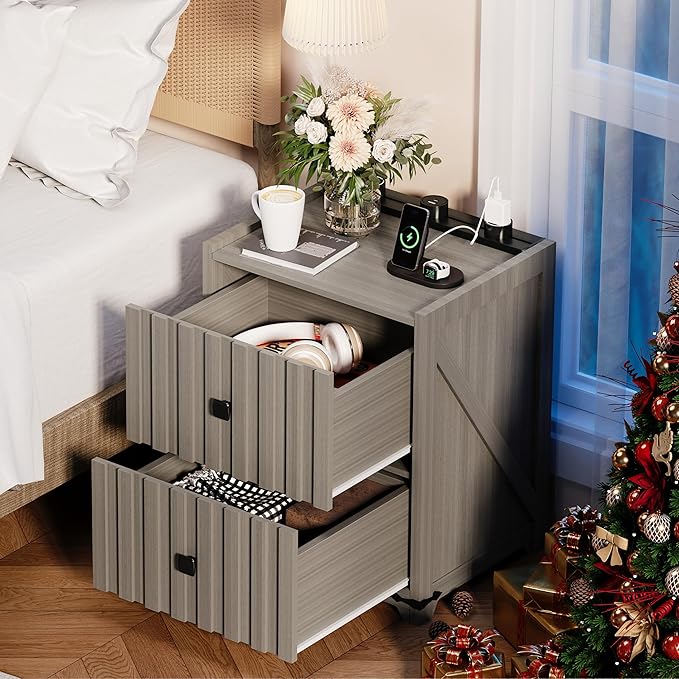 Night Stand Set 2 with Slidable Charging Station,Bedside Table with 2 Drawers,Farmhouse End Table and Nightstand,Small Side Table for Bedroom（Newly Upgraded 2 PCS）