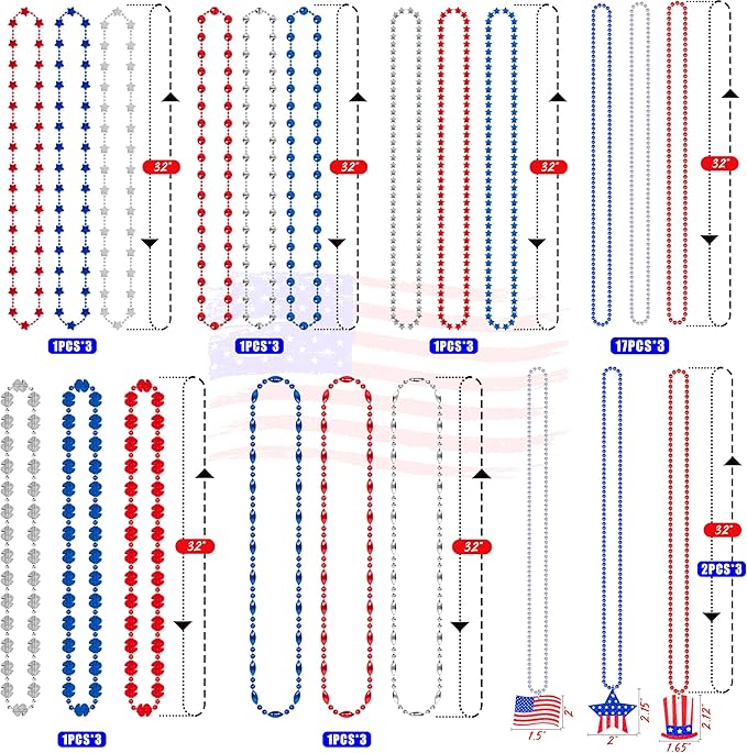72PCS 4th of July Accessories Necklaces: Blue White and Red Beads Bulk, Patriotic Party Independence Memorial Day Favors Toys Decorations