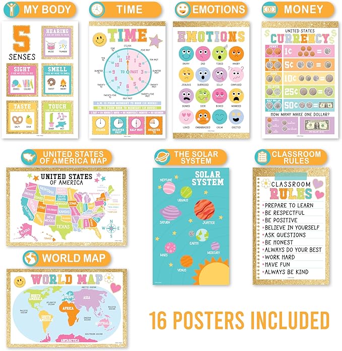 Hadley Designs 16 Educational Posters for Classroom Decor - Gold Educational Posters for Toddlers 1-3, Toddler Learning Poster for Kids Ages 3-5, Kindergarten & Preschool Classroom Must Haves