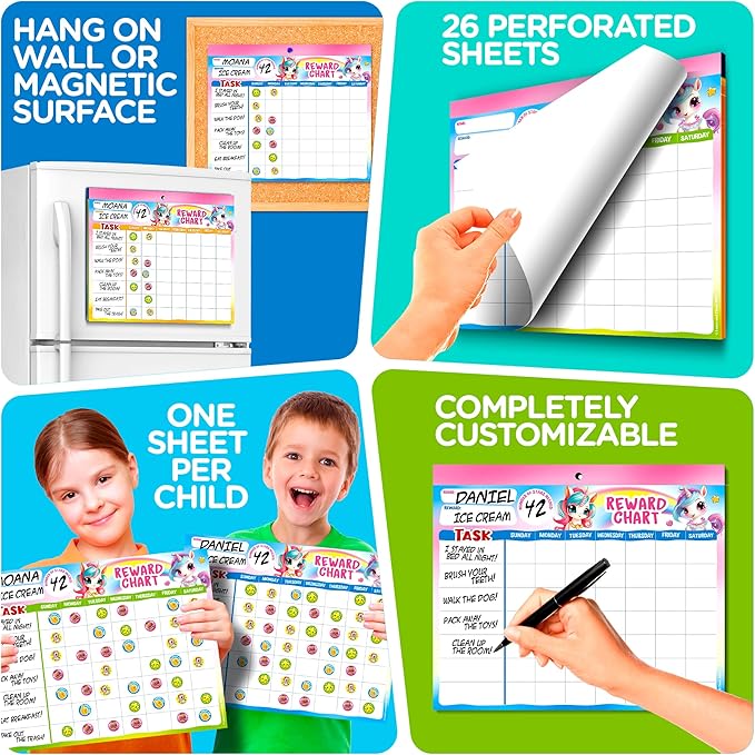 Behavior Reward System - Pad with 26 Chore Charts for Kids, 1400 Stickers to Motivate Responsibility & Good Habits (Unicorn)