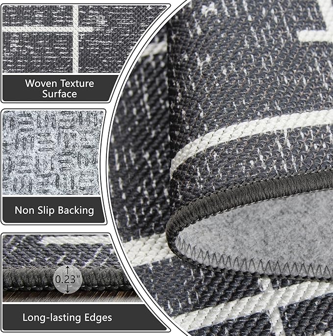 Non Slip Hallway Runner Rug 2x10, Gray Modern Distressed Stripe, Washable Long Rug, Woven Thin Low Pile Carpet Runners for Hallway 10ft Entryway, Kitchen, Walkway- Gray
