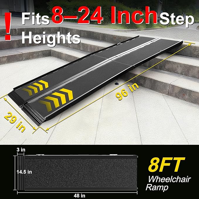 8FT Portable Wheelchair Ramp with Quick-Lock, Black Seamless Non-Slip Aluminum Folding Handicap Ramp,Threshold Ramp for Doorways, Wheel Chair Ramp for Home Steps
