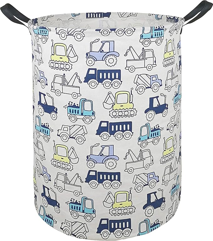 19.7 Inch Round Laundry Clothes Hamper Laundry Basket with Handles,Storage Organizer Bins Laundry Gift Basket for Room, Bedroom Decor (Engineering vehicle)