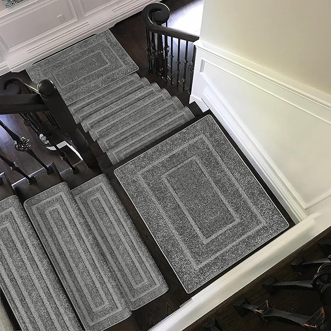 PURE ERA Bullnose Carpet Stair Treads Set Tape Free Non-Slip Indoor Stair Protectors Pet Friendly Rugs 9.5" x 30"(2 Pieces,Grey Rectangular)