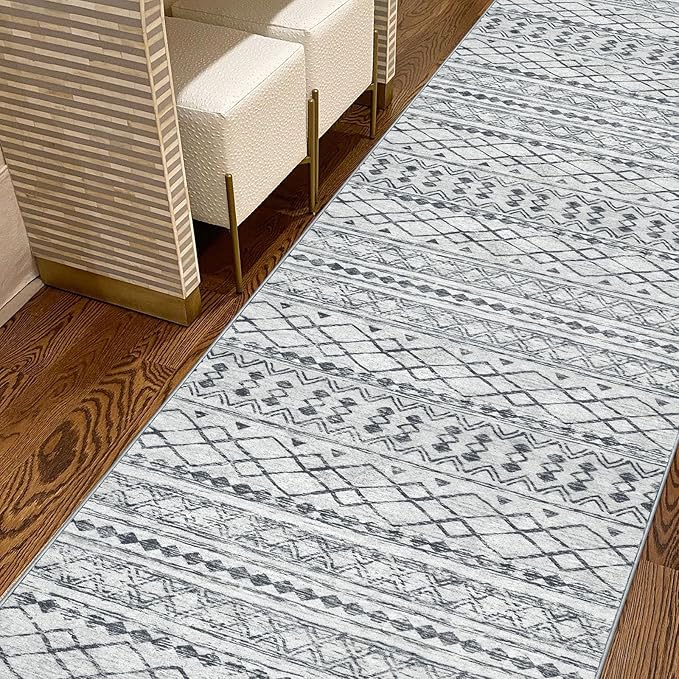 KUTA Boho Hallways Runner Rugs 2x12, Moroccan Washable Kitchen Rug Non-Slip Vintage Grey 12ft Ultra Soft Distressed Geometric Floor Carpet Runners for Bedroom Laundry Living Room
