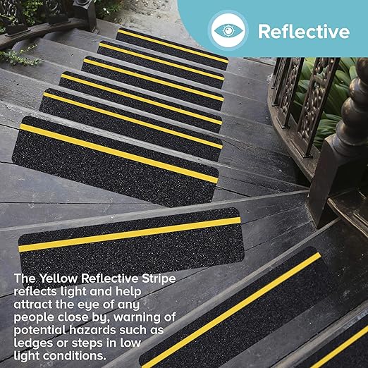 LifeGrip Anti Slip Traction Treads with Reflective Stripe (10-Pack), 6" X 24", Best Grip Tape Grit Non Slip, Outdoor Non Skid Tape, High Traction Friction Abrasive Adhesive for Stairs Step, Black