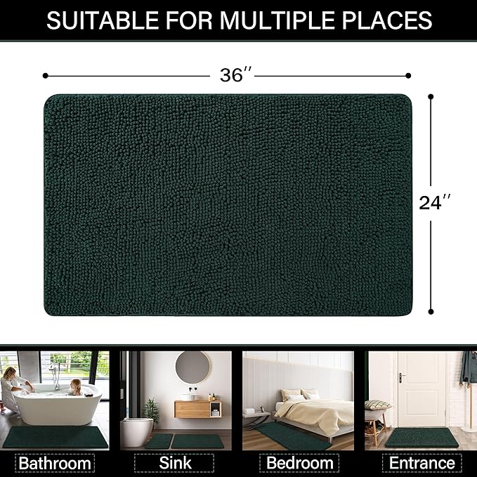 LOCHAS Luxury Bathroom Rug Shaggy Bath Mat 24 x 36 Inch, Washable Non Slip Bath Rugs for Bathroom Shower, Soft Plush Chenille Absorbent Carpets Mats, Hunter Green