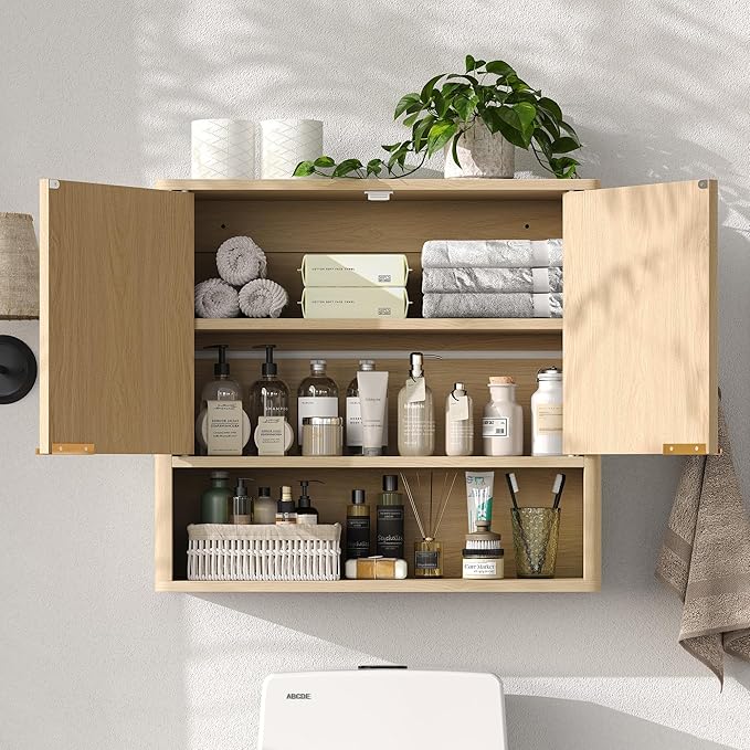 Furnideco Bathroom Medicine Cabinet with Fluted Doors, 3-Tier Modern Wall Cabinet Over Toilet, Small Hanging Storage Cabinet for Bathroom, Natural