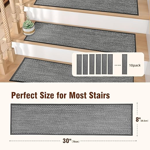 Deerly Linen Stair Treads Non Slip 10pcs Comfortable Stair Runner for Wooden Steps Peel and Stick Stairs Carpet Treads Indoor Staircase Covers Mat with Self-Adhesive Backing 8"X30" Black White