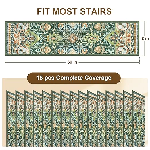 Non Slip Stair Treads for Wooden Steps Indoor, Green, 15pcs, 30"X8", Soft Carpet Mat, Machine Washable Boho Carpet Treads with Reusable Adhesive Backing, Safety Stair Tread for Dogs, Kids, Elders