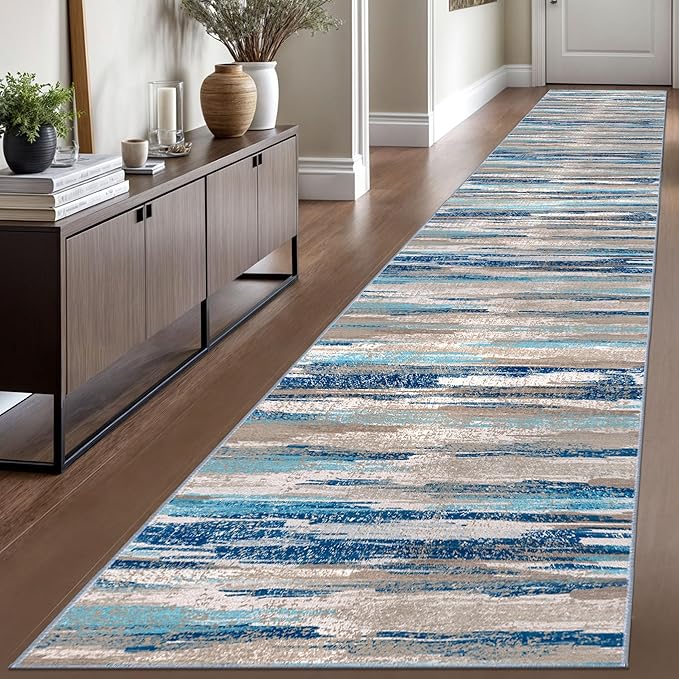 Modern Abstract Runner Rug 2.6x16, Blue Washable Long Kitchen Runner Non-Slip Soft Hallway Rug Runner Thin Print Faux Wool Carpet for Entryway Bedroom Laundry Room Indoor Home Decor