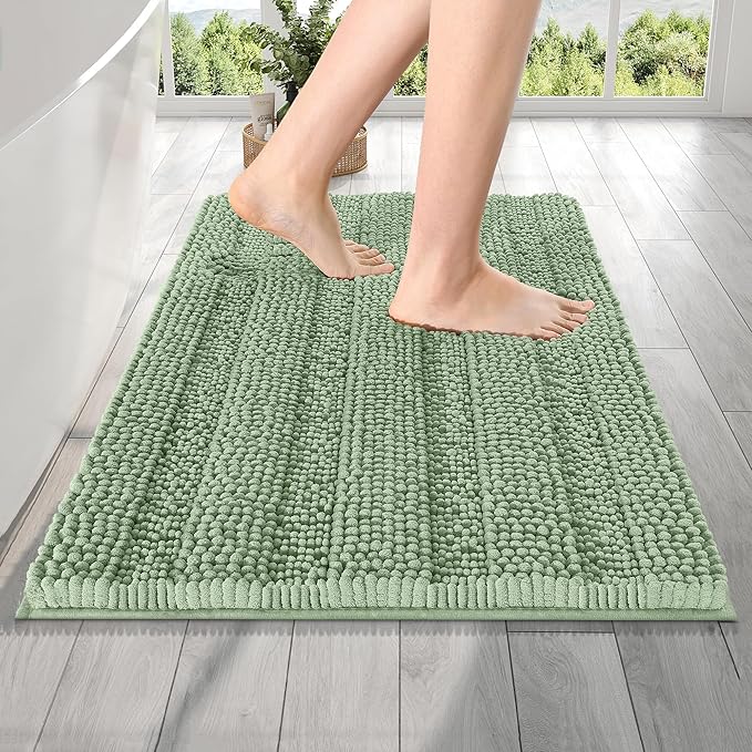 OLANLY Thick Bathroom Rugs 24x16, Extra Soft Absorbent Chenille Striped Bath Rugs, Rubber Backing, Machine Wash Dry, Bath Mats for Bathroom Floor, Tub and Shower, Home Decor Accessories, Sage Green