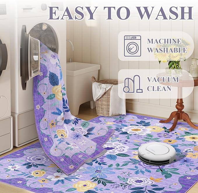 DUKINO Runner Rug, 2.6x8 Kitchen Rug for Hallway with Non Slip Backing, Washable Low Pile Soft Boho Floral Runner Carpet for Hallway, Kitchen, Entryway, Laundry, Bedroom, Purple