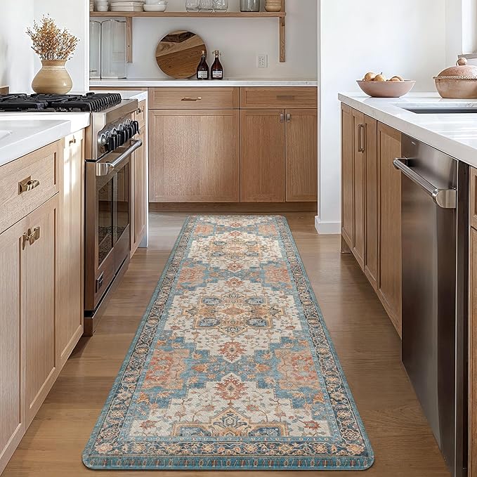 GENIMO Kitchen Mats for Floor, Washable Anti Fatigue Mat for Cushioned, 17.3"x59", Waterproof Kitchen Rugs, Non Slip Foam Comfort Standing Mat Rug for Home, Runner, Sink, Laundry, Blue&Salmon