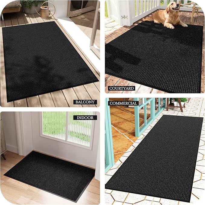 Front Door Mat 4' x 6', Low Profile Welcome Mat, Non-Slip Door Mat Outside Entrance, Muddy Mats for Indoor Outdoor, Absorbent & Resist Dirt, Heavy Duty Commercial Floor Mat for Entryway, Black