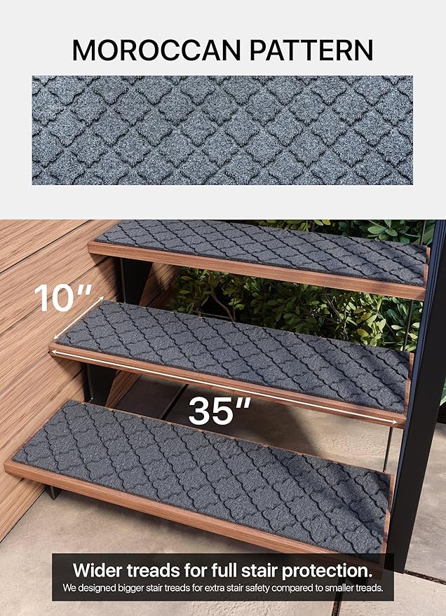 Outdoor Stair Treads Non-Slip 35”x10” (6-Pack) – Carpet Treads with Rubber Backing Moroccan Grey