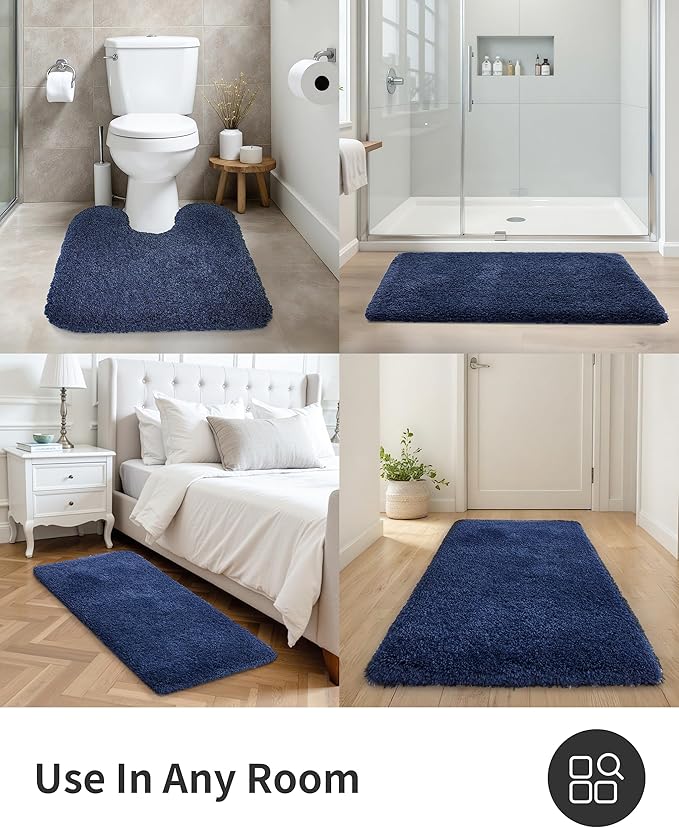 ILANGO Navy Blue Bathroom Rugs 30" × 20" Non Slip & Super Absorbent Extra Thick Soft, Washable Bath Mat for Floor, Microfiber Plush Shaggy Bath Rug with Rubber for Bathtub Shower Room Sink