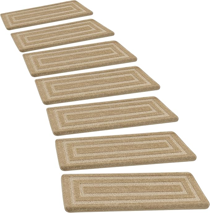 PURE ERA Bullnose Carpet Stair Treads Set Tape Free Non-Slip Indoor Stair Protectors Pet Friendly Rugs 9.5" x 30"(7 Pieces,Khaki Rectangular)