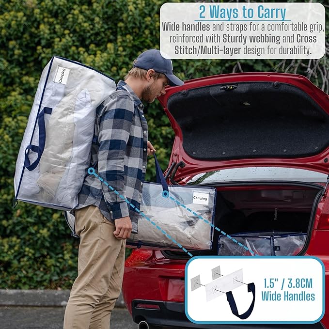 VENO 2 Pack Moving Bags w/Backpack Straps, Heavy Duty, Moving Boxes Alternative, Packing Supplies, Large Storage Totes for Dorm Room Essentials with Zipper for Clothes (Clear, 2 Pack)