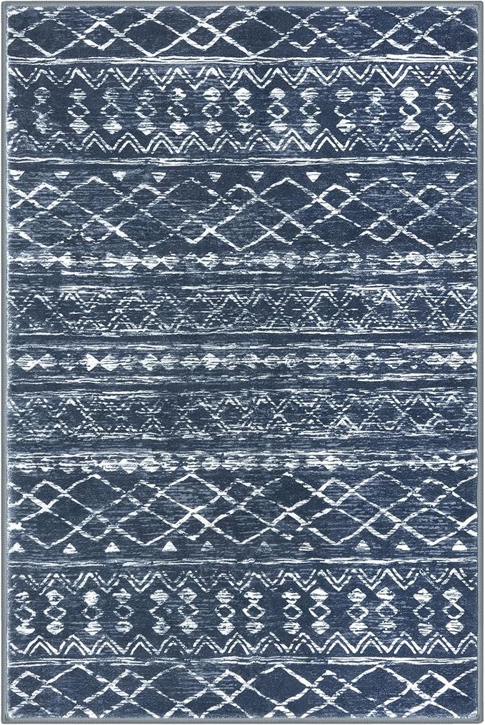 KUTA Moroccan Rugs for Entryway, 2x3 Navy Blue Entrance Small Area Rug, Non-Slip Washable Ultra Soft Vintage Geometric Low-Pile Indoor Door Mat Floor Carpet for Kitchen