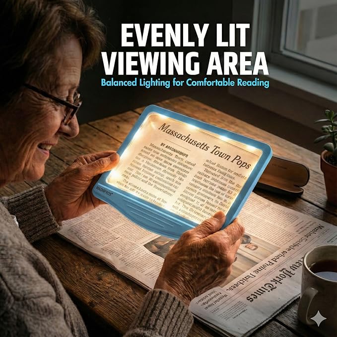 MagniPros 5X Rechargeable Large Ultra Bright LED Page Magnifier with Anti-Glare Lens & 3 Color Light Modes, Relieve Eye Strain- Ideal for Reading Small Prints, Low Vision, Seniors