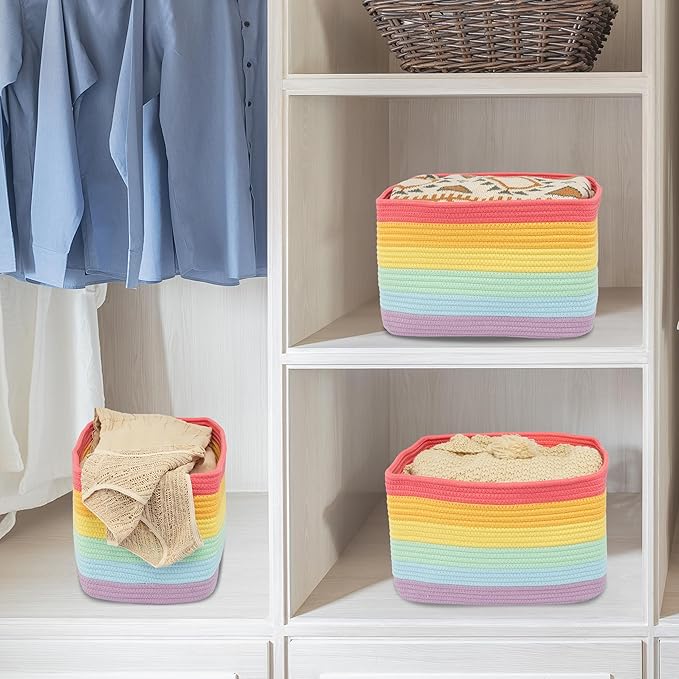 3-Pack Rainbow Storage Baskets 15X10X9.3“ – Woven Toy Organizer Bins for Kids, Baby Room, Nursery, and Classroom – Cute Square Rope Baskets for Shelves and Organization Rainbow