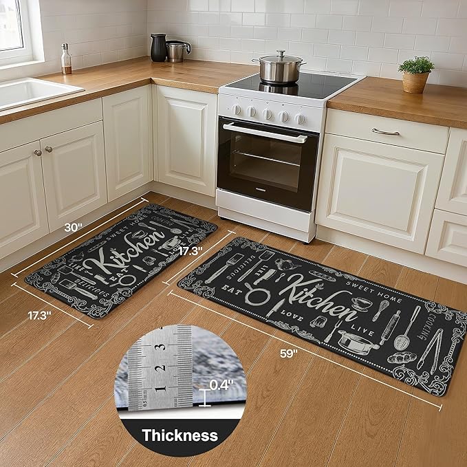 GENIMO Anti Fatigue Kitchen Mats for Floor, Non Slip Washable Kitchen Theme Rugs sets of 2, Farmhouse Cushioned Waterproof Comfort Runner Rug for Kitchen, Sink, Desk, Laundry, 17"x 59"+17"x 30", Black