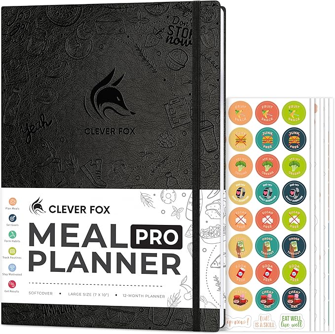 Clever Fox Meal Planner PRO – Weekly Meal Prep Journal with Grocery List & Weigh Loss Tracker – Diet, Fitness & Welness Log Book – Nutrition Diary Notebook – Lasts 12 Months, 7x10” (Black)