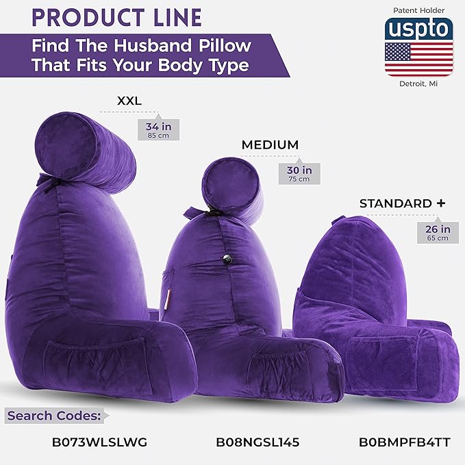 Husband Pillow Purple, Original Reading Pillow in Bed Rest Chair, Shredded Memory Foam Large Lounge Cushion Adult Backrest with Arms, Comfy Back Support for Sit Sitting Up, Washable/Removable Cover