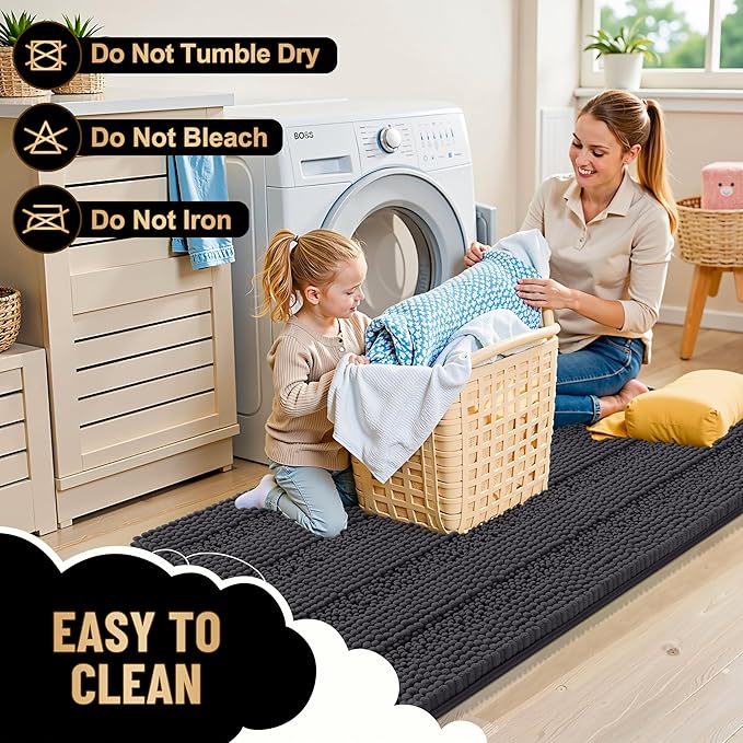 OLANLY Thick Bathroom Rugs 70x24, Extra Soft Absorbent Chenille Striped Bath Rugs, Rubber Backing, Machine Wash Dry, Bath Mats for Bathroom Floor, Tub and Shower, Home Decor Accessories, Dark Grey