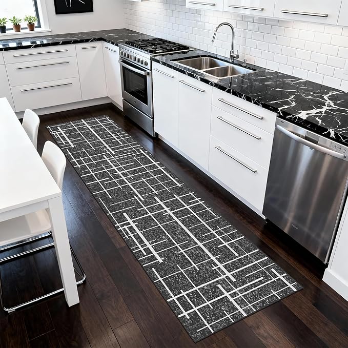 Non Slip Hallway Runner Rug 2x10, Gray Modern Distressed Stripe, Washable Long Rug, Woven Thin Low Pile Carpet Runners for Hallway 10ft Entryway, Kitchen, Walkway- Gray