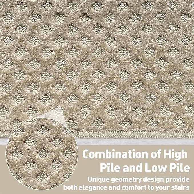 PURE ERA Bullnose Carpet Stair Treads Tape Free Non-Slip Indoor Stair Protectors Pet Friendly Stair Treads for Wooden Steps 9.5" x 30"(2 Pieces,Cream Gray Mini-Diamond Trellis)