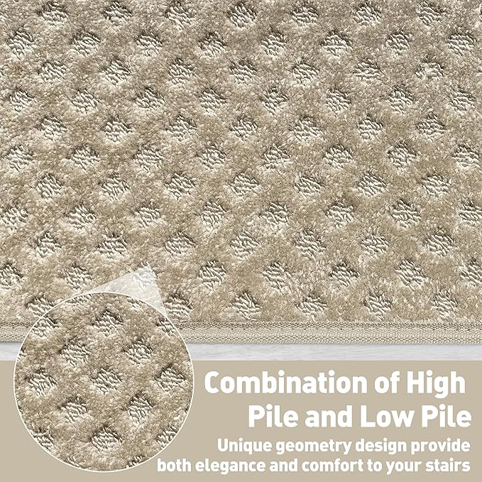 PURE ERA Bullnose Carpet Stair Treads Tape Free Non-Slip Indoor Stair Protectors Pet Friendly Stair Treads for Wooden Steps 9.5" x 30"(7 Pieces,Cream Gray Mini-Diamond Trellis)