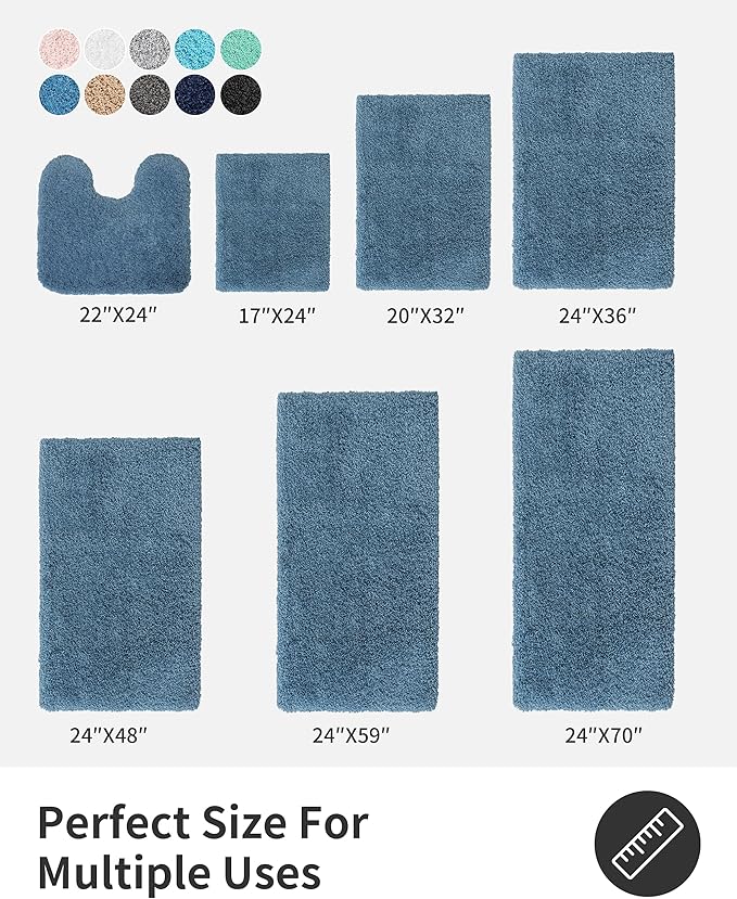 ILANGO Blue Bathroom Rugs 32" × 20" Non Slip & Super Absorbent Extra Thick Soft, Washable Bath Mat for Floor, Microfiber Plush Shaggy Bath Rug with Rubber for Bathtub Shower Room Sink