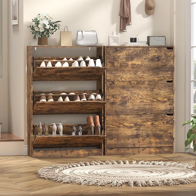 Shoe Cabinet with 3 Flip Drawers, 47" Slim Hidden Wood Shoe Storage Cabinet with Adjustable Shelf, Freestanding Narrow Shoe Rack Organizer for Entryway, Hallway, Brown