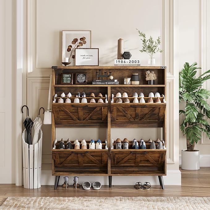 Shoe Cabinet with 4 Flip Drawers,Farmhouse Shoe Storage Cabinet for Entryway,Narrow Freestanding Organizer Rack with Open Shelves for Foyer,Hallway,Brown