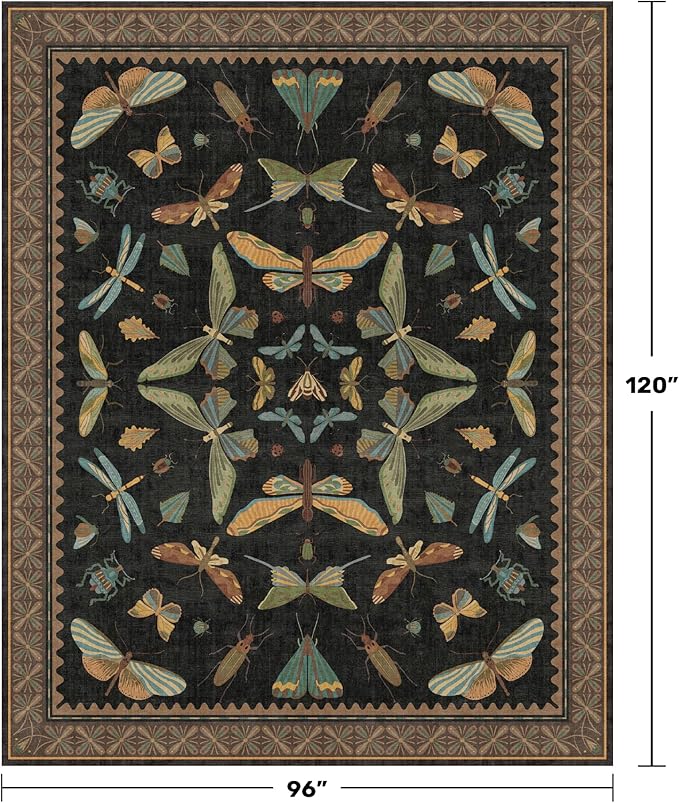 Black Washable Insect Area Rugs 8x10 for Living Room, Bedroom, Dining Room Under Table, Playroom, Large Dark Whimsical Boho Indoor Rug, Ultra Soft Low Pile Non Slip
