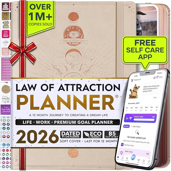 Deluxe 2026 Planner Weekly and Monthly | Law of Attraction Planner with Productivity App | 12-Month for Productivity, Gratitude & Goal Setting | Includes Foldable Vision Board, Gift Box & Stickers