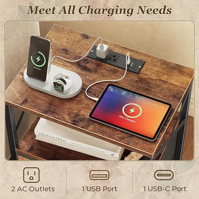 Huuger Night Stand with Charger Station, 2 Drawer Nightstand with Open Shelf, Bed Side Table with USB-C Port, End Table, Compact Size for Small Spaces, X Shaped Side Rail, Rustic Brown