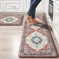 Boho Kitchen Mats for Floor 2 Piece Set Anti Fatigue Cushioned PVC Kitchen Rugs Non Slip Waterproof Farmhouse Mats 2/5 Inch Comfort Standing Mat for Sink, Laundry, 17.3"x59"+17.3"x28", Taupe Red