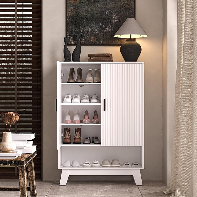 4-Tier Fluted Shoe Cabinet with 2 Doors & Open Shelf, Mid Century Modern Shoe Storage Organizer with Adjustable Shelves, Metal Handles & Wood Legs, Hidden Shoe Rack for Entryway, Hallway