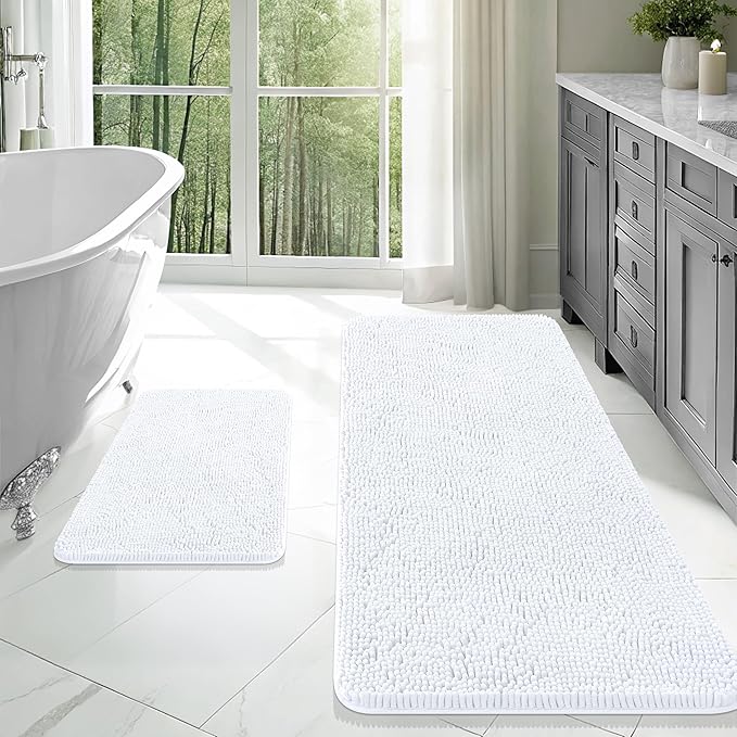 OLANLY Bathroom Rugs Sets 2 Piece, Soft Absorbent Chenille Bath Mats Area Rug Set, Non-Slip, Quick Dry, Machine Washable Bath Mats for Bathroom, Home Decor Accessories (47"x20"+24"x16", White)