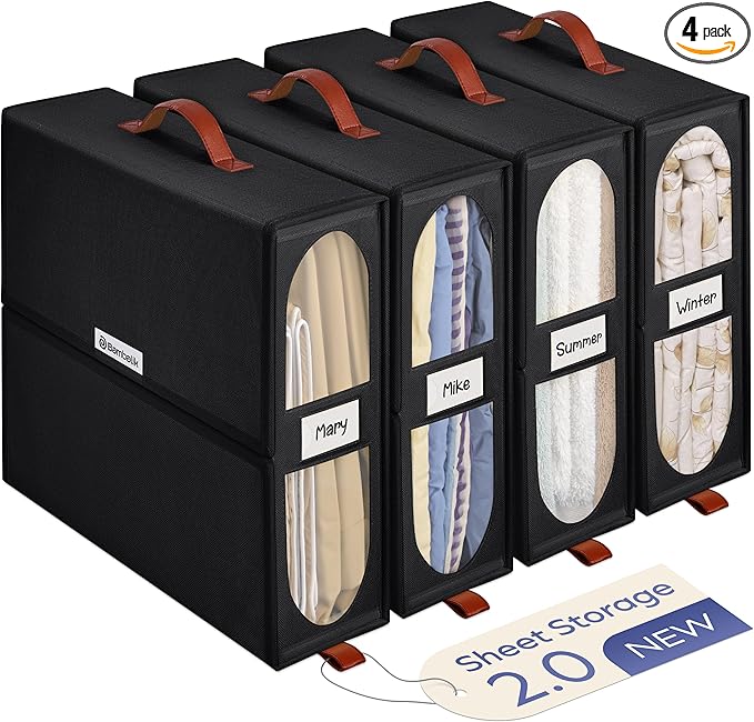 4x Bed Sheet Organizer Storage Boxes with Big See-Through Windows - Bedsheet Organizers Redesigned. Robust Bed Sheet Storage -15x13x5 Inches Sheet Organizers Containers (Black)