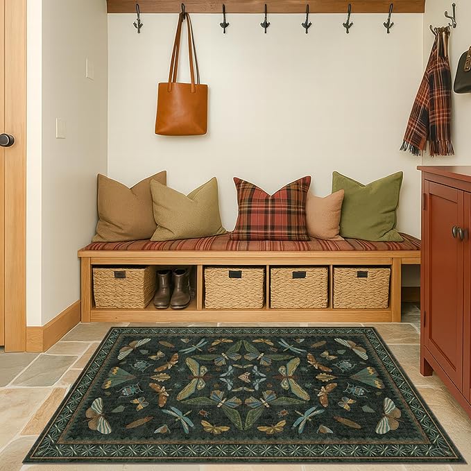 Green and Black Entryway Rug - 3x5 Throw Rug for Large Kitchen, Entry Way, Mudroom, Dark Unique Insect Print, Washable Low Pile Floor Carpet