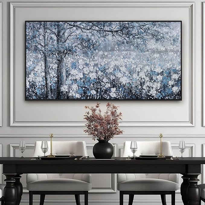 Wall Art Framed Artwork Blue And Gray White Tree Flower Landscape Decor Modern Canvas Wall Prints Abstract Wall Decor Suitable For Bedroom Apartment Office Wall Decor Can Be Hung 24"X48"