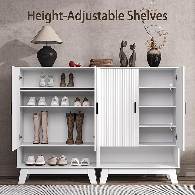 4-Tier Fluted Shoe Cabinet with 2 Doors & Open Shelf, Mid Century Modern Shoe Storage Organizer with Adjustable Shelves, Metal Handles & Wood Legs, Hidden Shoe Rack for Entryway, Hallway
