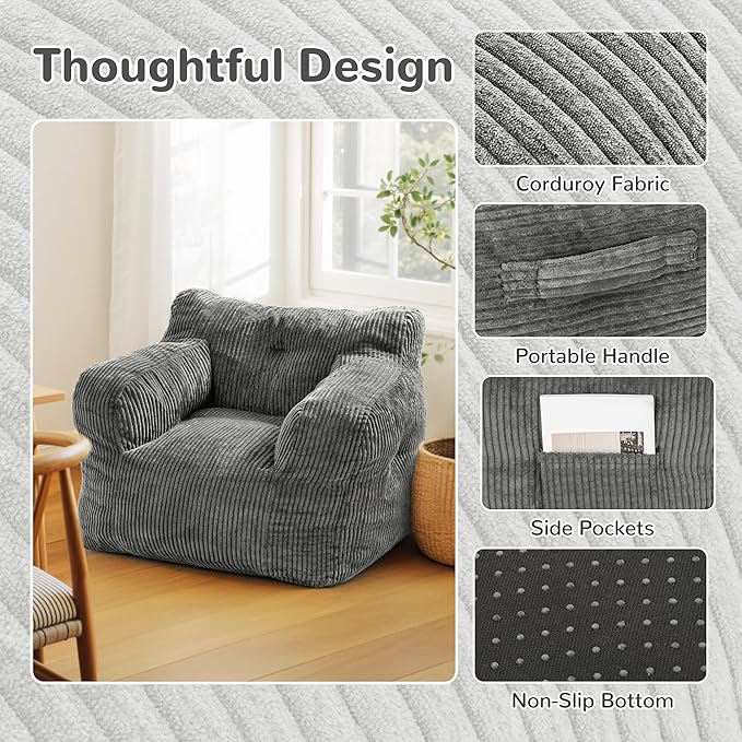 32" Bean Bag Chair,Loveseat Sofa,Corduroy Lazy Sofa Bed for Adults,Fit Living Room, Bedroom,Outdoor Spaces,Ultra Soft Dutch Velvet,Fluffy Comfort Washable Cover,72h Rebound,Grey