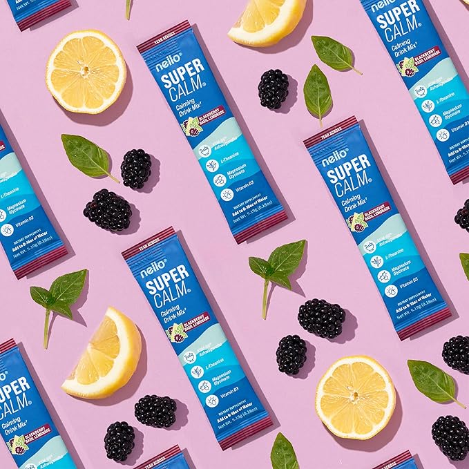 Nello Supercalm Powdered Drink Mix, Cortisol Reducer*, Sleep Aid Supplement, L Theanine, Ksm-66 Ashwagandha, Magnesium Glycinate, Vitamin D 3, No Sugar, Non GMO, 20 Ct, BlackBerry Basil Lemonade