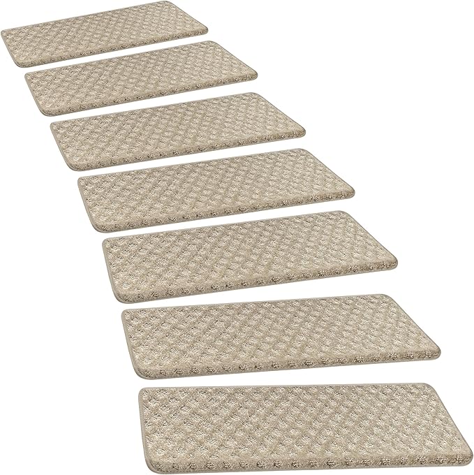 PURE ERA Bullnose Carpet Stair Treads Tape Free Non-Slip Indoor Stair Protectors Pet Friendly Stair Treads for Wooden Steps 9.5" x 30"(7 Pieces,Cream Gray Mini-Diamond Trellis)