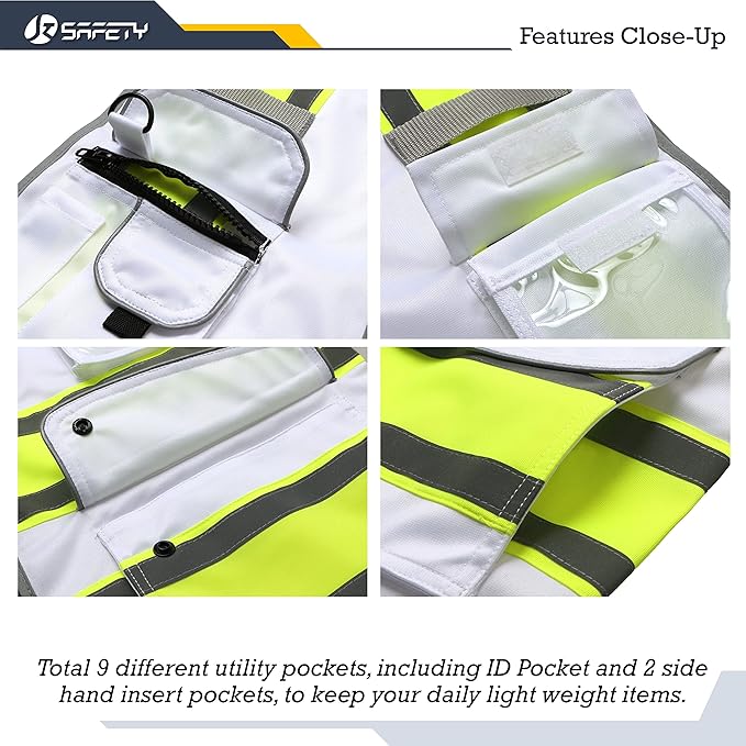 JKSafety 9 Pockets High Visibility Zipper Front Safety Vest | White with Dual Tone High Reflective Strips | Meets ANSI/ISEA Standards (901-White, Large)